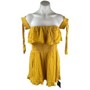 NEW Lulus Yellow Ruffle Smocked Off the Shoulder Wide Leg Romper Jumpsuit Size M